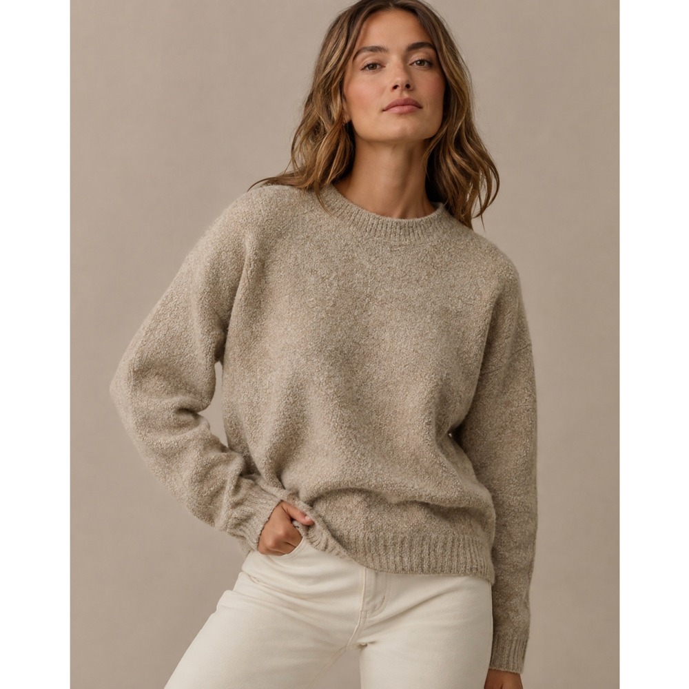 LOFT Boucle Knit Sweater Medium Tan Wool Blend Crewneck Cozy Minimalist Neutral
